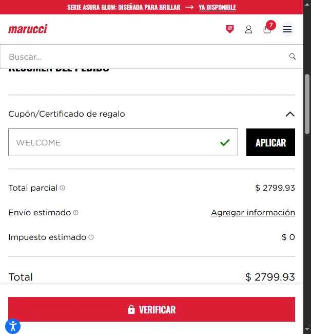 Marucci Sports checkout page showing Marucci Sports coupon code box | Screenshot taken by SimplyCodes community member on Nov 13, 2025