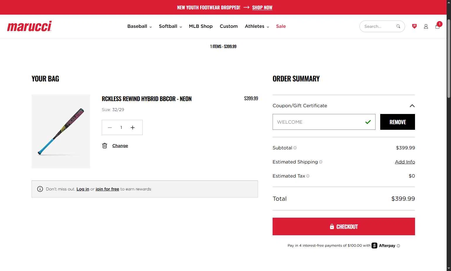 Marucci Sports checkout page showing Marucci Sports coupon code box | Screenshot taken by SimplyCodes community member on Jan 15, 2026