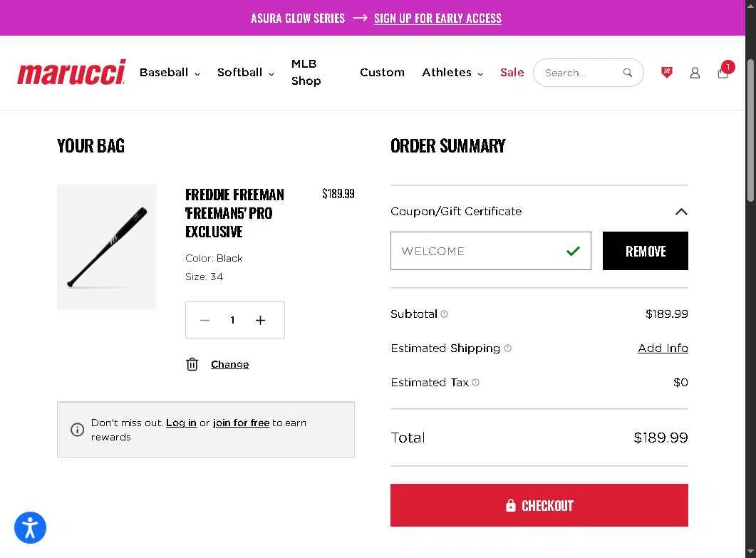 Marucci Sports checkout page showing Marucci Sports coupon code box | Screenshot taken by SimplyCodes community member on Oct 21, 2025