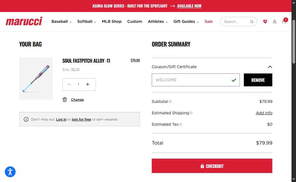 Marucci Sports checkout page showing Marucci Sports coupon code box | Screenshot taken by SimplyCodes community member on Nov 13, 2025
