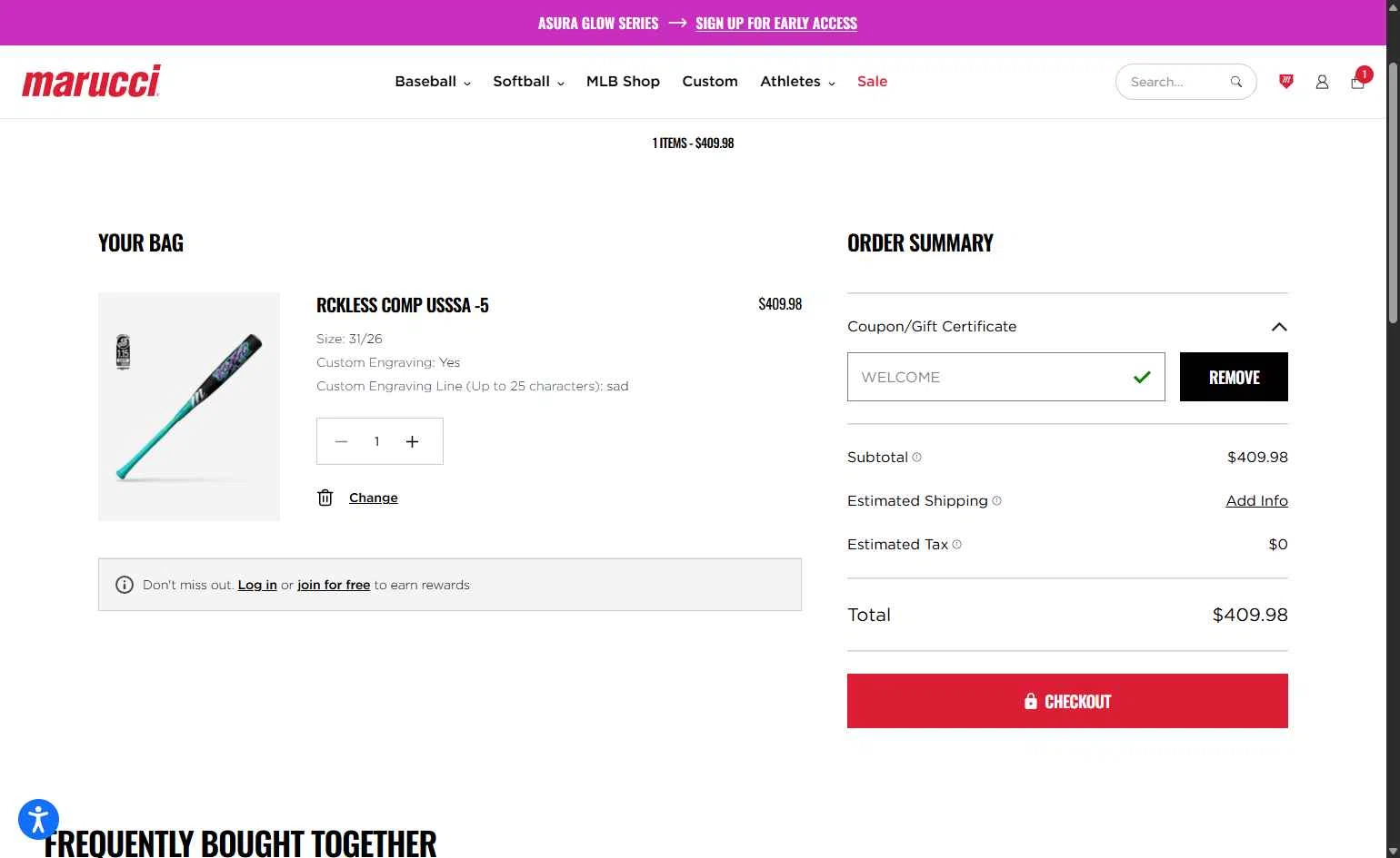 Marucci Sports checkout page showing Marucci Sports coupon code box | Screenshot taken by SimplyCodes community member on Oct 21, 2025