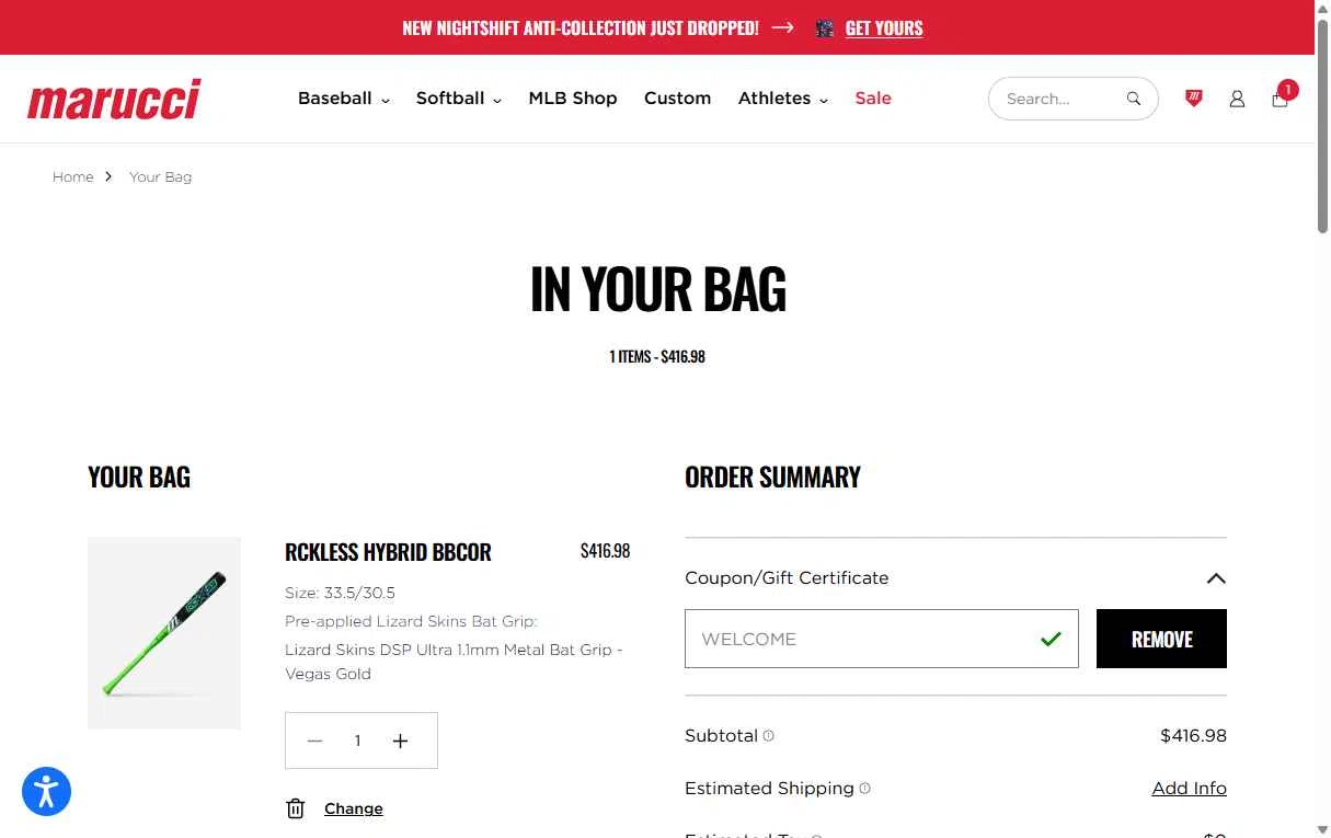 Marucci Sports checkout page showing Marucci Sports coupon code box | Screenshot taken by SimplyCodes community member on Sep 8, 2025
