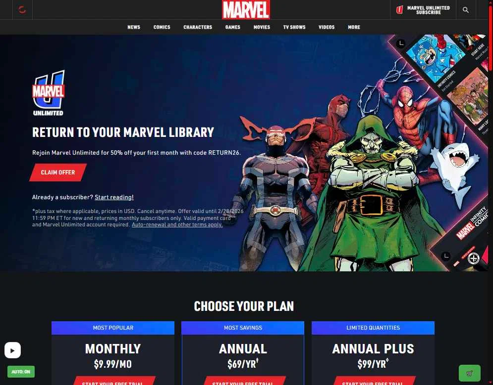 Verification screenshot for 50% Off Storewide at Marvel Unlimited - 12d ago