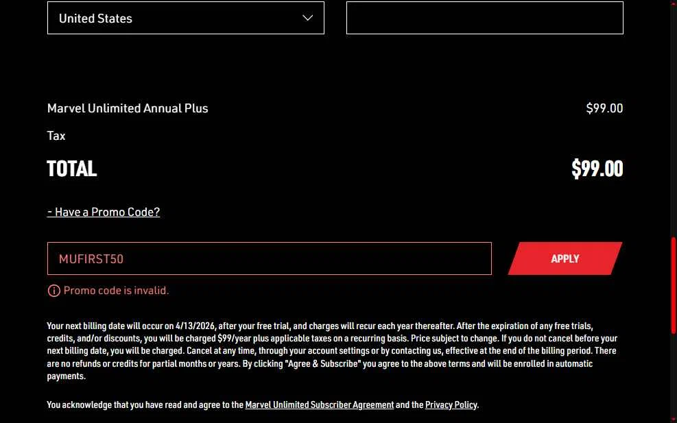 Verification screenshot for 50% Off Marvel Unlimited Monthly Subscription at Marvel Unlimited - 3mo ago