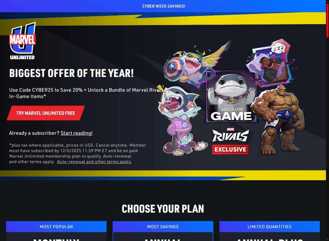 Marvel Unlimited checkout page showing Marvel Unlimited promo code box | Screenshot taken by SimplyCodes community member on Dec 21, 2025