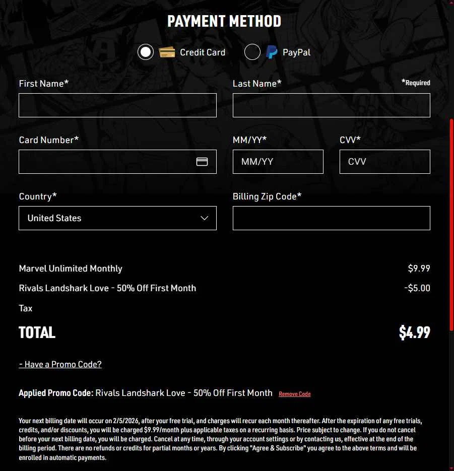 Marvel Unlimited checkout page showing Marvel Unlimited promo code box | Screenshot taken by SimplyCodes community member on Jan 29, 2026