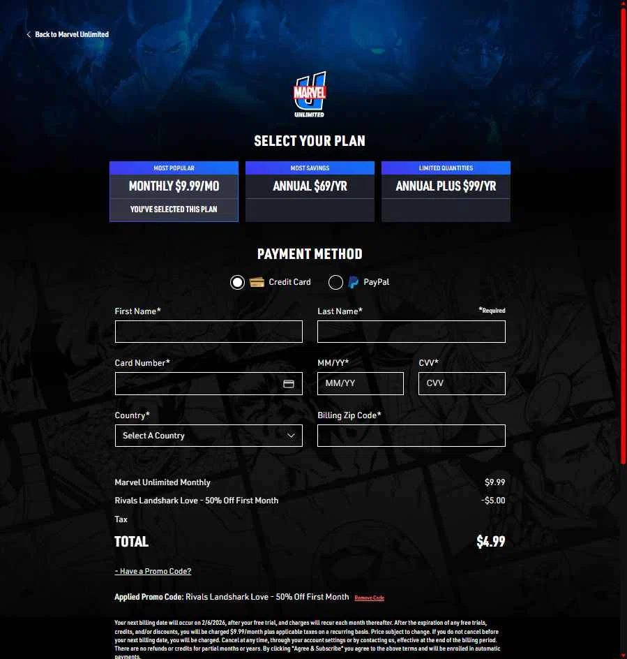 Marvel Unlimited checkout page showing Marvel Unlimited promo code box | Screenshot taken by SimplyCodes community member on Jan 30, 2026