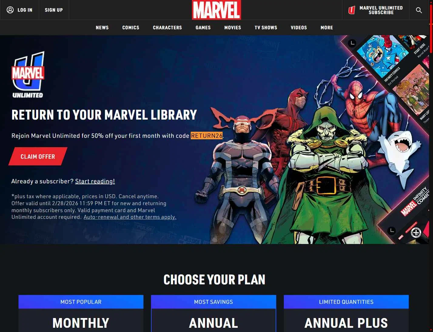 Verification screenshot for 50% Off Storewide at Marvel Unlimited - 22d ago