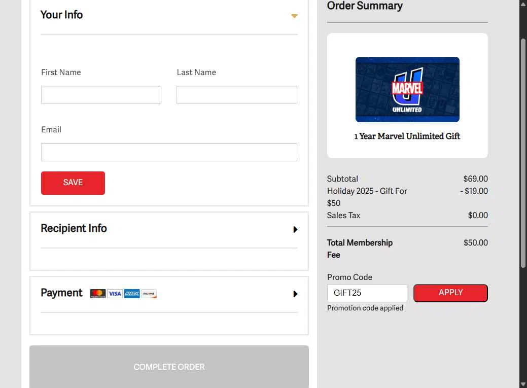 Marvel Unlimited checkout page showing Marvel Unlimited promo code box | Screenshot taken by SimplyCodes community member on Dec 9, 2025