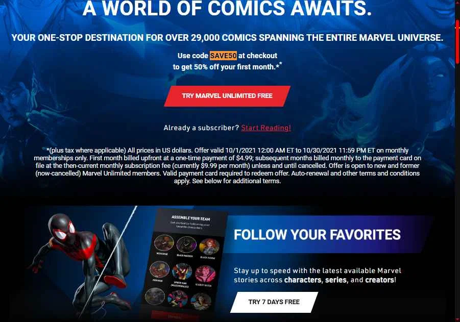 Marvel Unlimited checkout page showing Marvel Unlimited promo code box | Screenshot taken by SimplyCodes community member on Dec 11, 2025