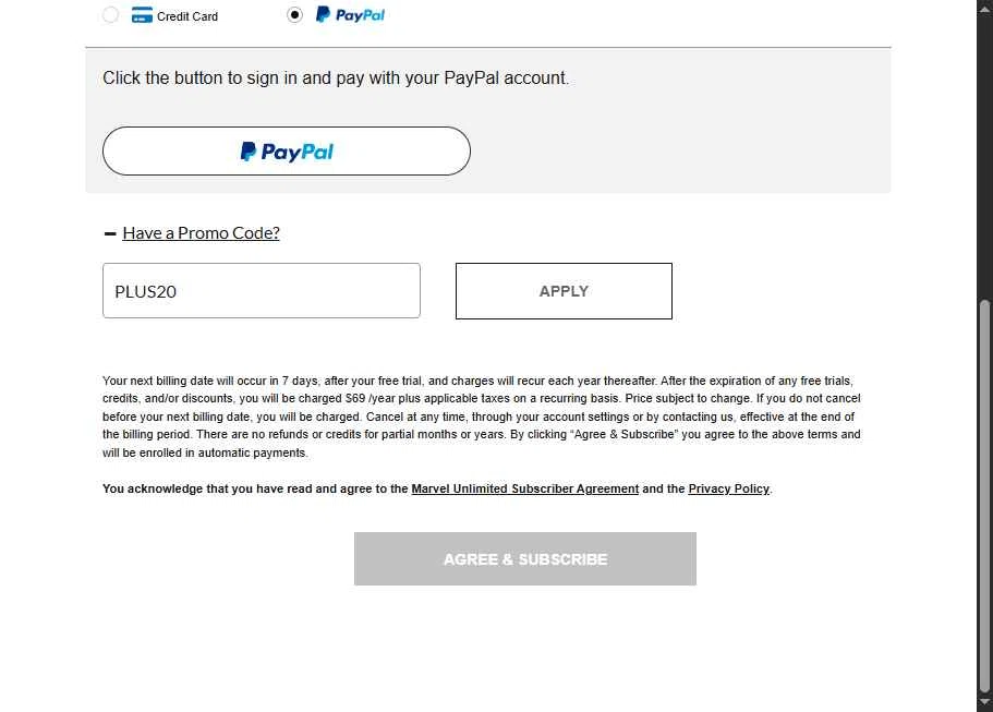 Marvel Unlimited checkout page showing Marvel Unlimited promo code box | Screenshot taken by SimplyCodes community member on Jan 11, 2026