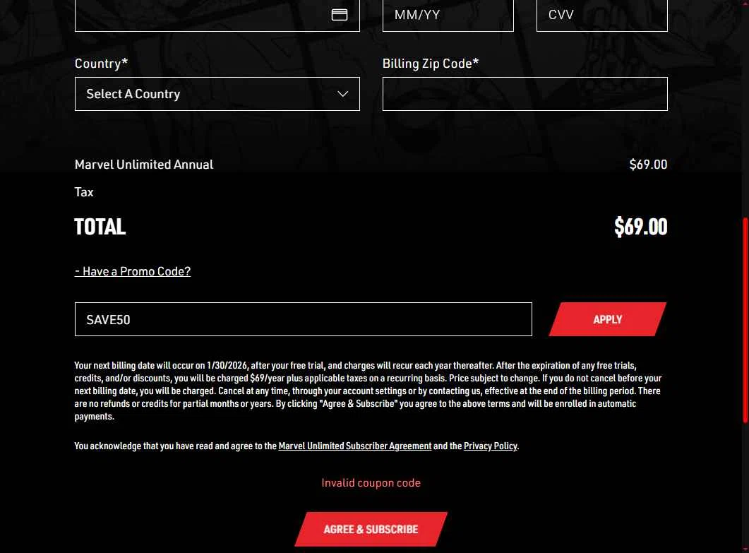 Marvel Unlimited checkout page showing Marvel Unlimited promo code box | Screenshot taken by SimplyCodes community member on Jan 23, 2026