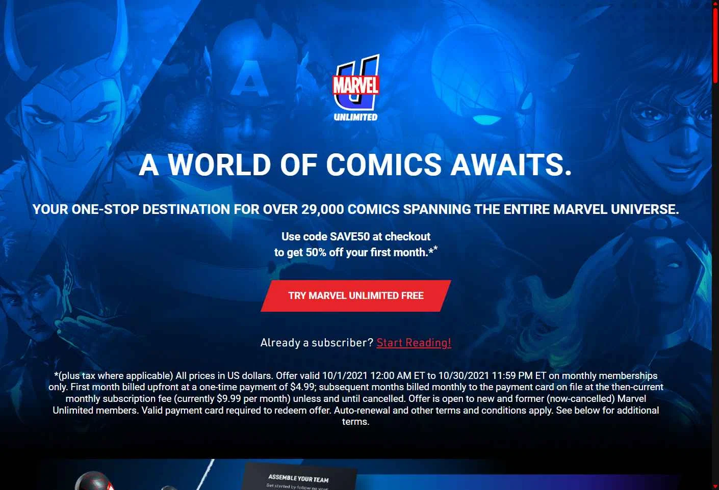 Marvel Unlimited checkout page showing Marvel Unlimited promo code box | Screenshot taken by SimplyCodes community member on Feb 9, 2026