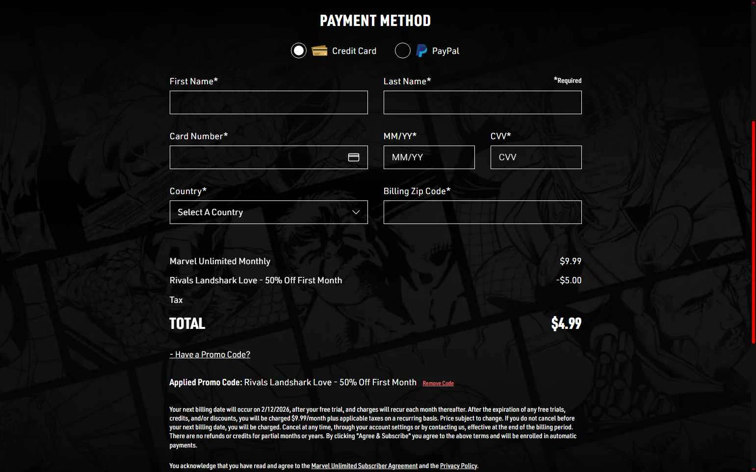 Marvel Unlimited checkout page showing Marvel Unlimited promo code box | Screenshot taken by SimplyCodes community member on Feb 5, 2026