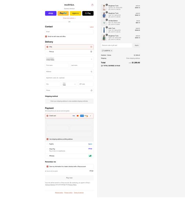 Marysia checkout page showing Marysia promo code box | Screenshot taken by SimplyCodes community member on Sep 2, 2025