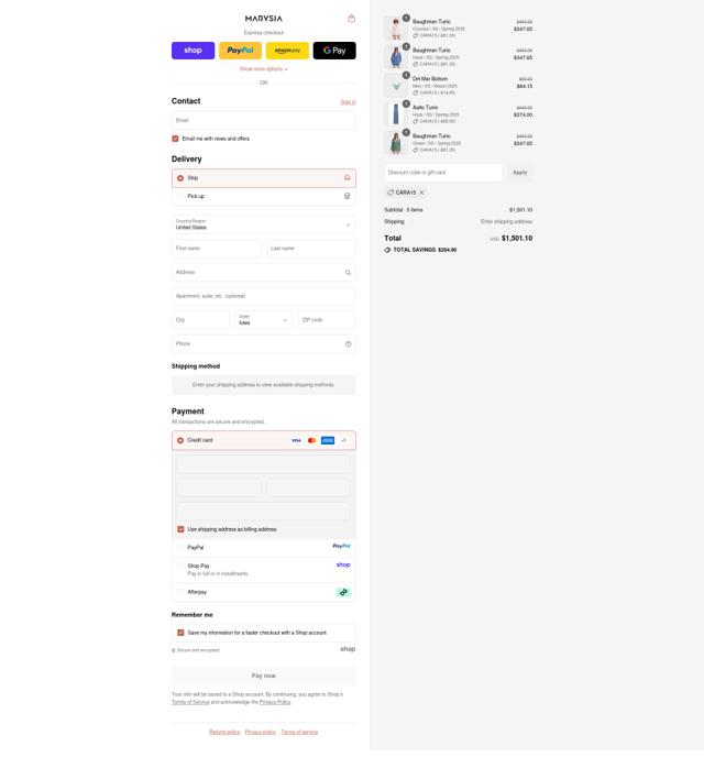 Marysia checkout page showing Marysia promo code box | Screenshot taken by SimplyCodes community member on Sep 10, 2025