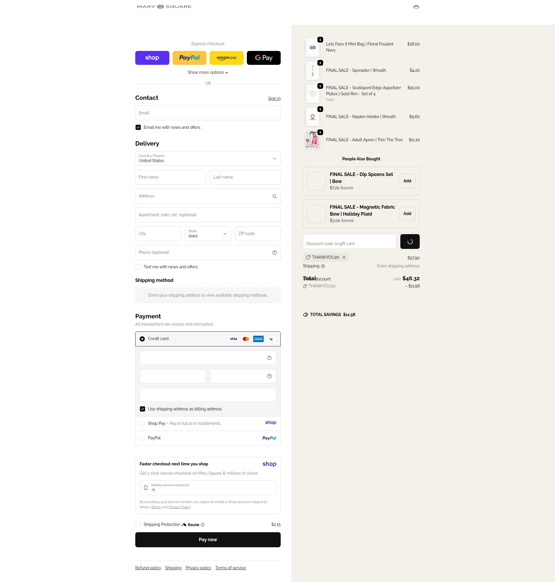 Mary Square checkout page showing Mary Square discount code box | Screenshot taken by SimplyCodes community member on Jan 10, 2026