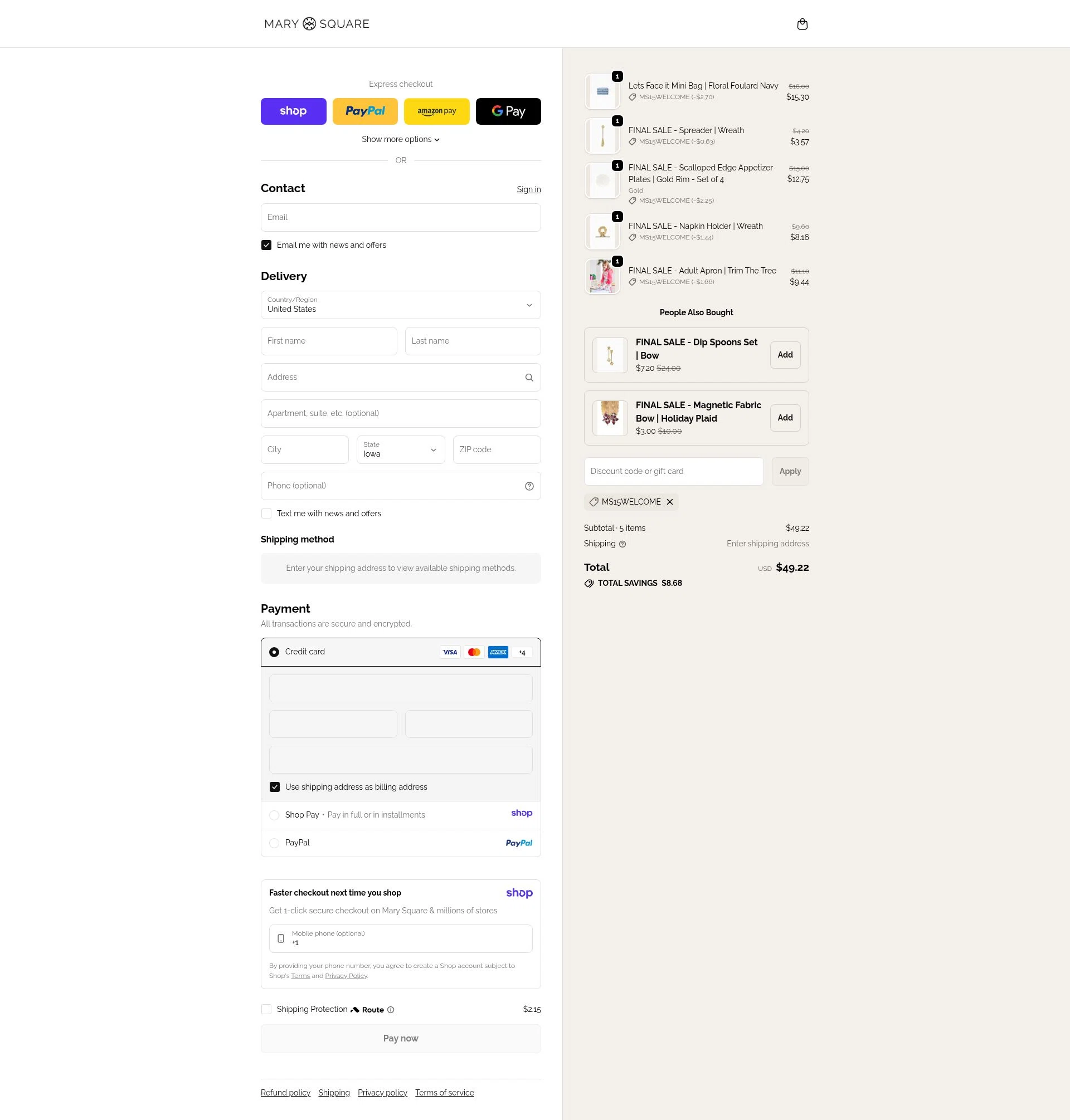 Mary Square checkout page showing Mary Square discount code box | Screenshot taken by SimplyCodes community member on Jan 10, 2026