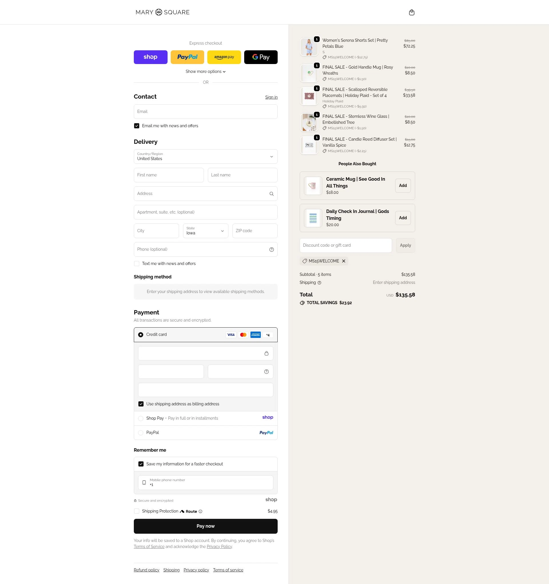 Mary Square checkout page showing Mary Square discount code box | Screenshot taken by SimplyCodes community member on Dec 31, 2025