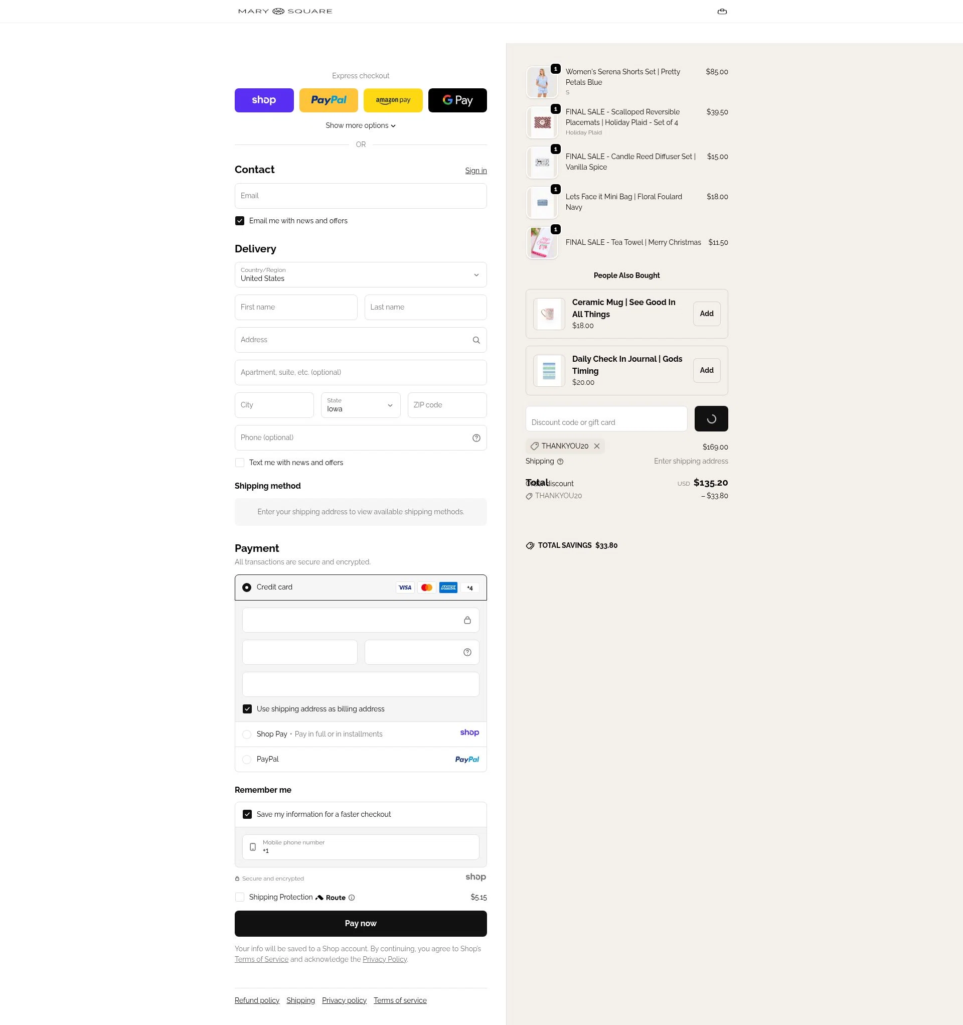 Mary Square checkout page showing Mary Square discount code box | Screenshot taken by SimplyCodes community member on Jan 5, 2026