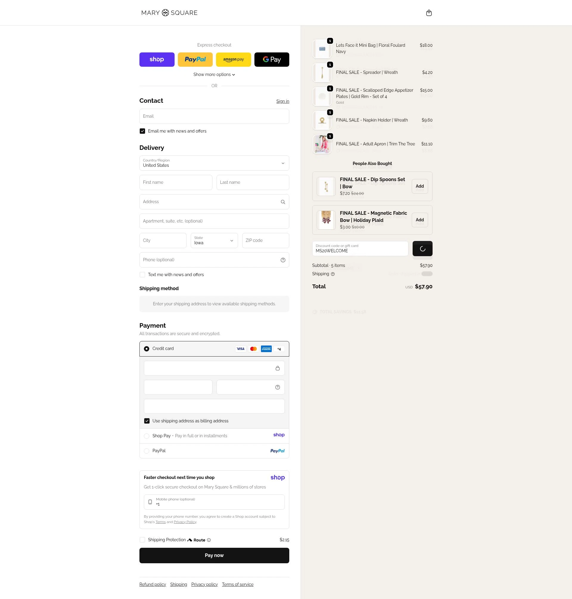 Mary Square checkout page showing Mary Square discount code box | Screenshot taken by SimplyCodes community member on Jan 10, 2026
