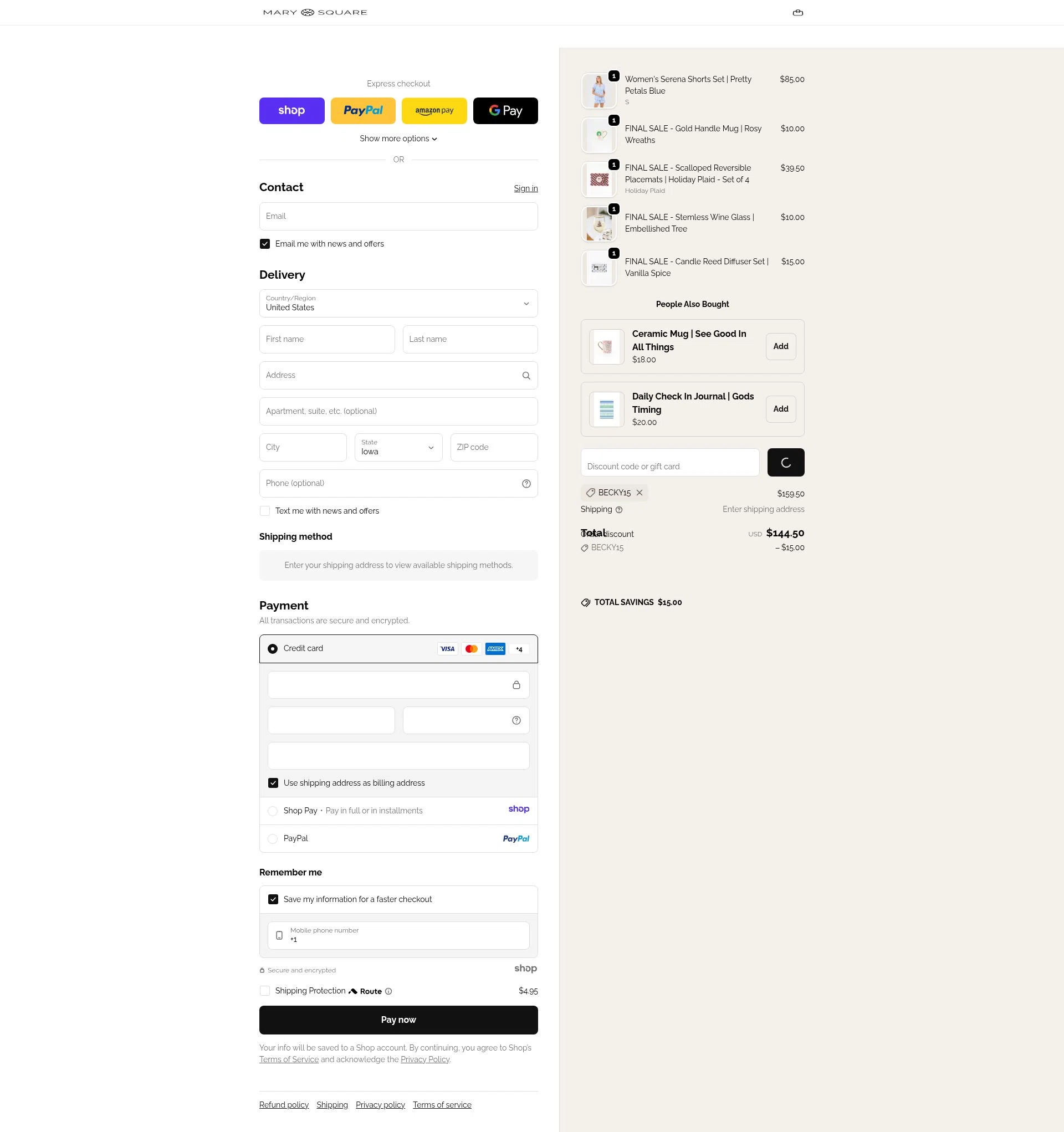 Mary Square checkout page showing Mary Square discount code box | Screenshot taken by SimplyCodes community member on Dec 31, 2025