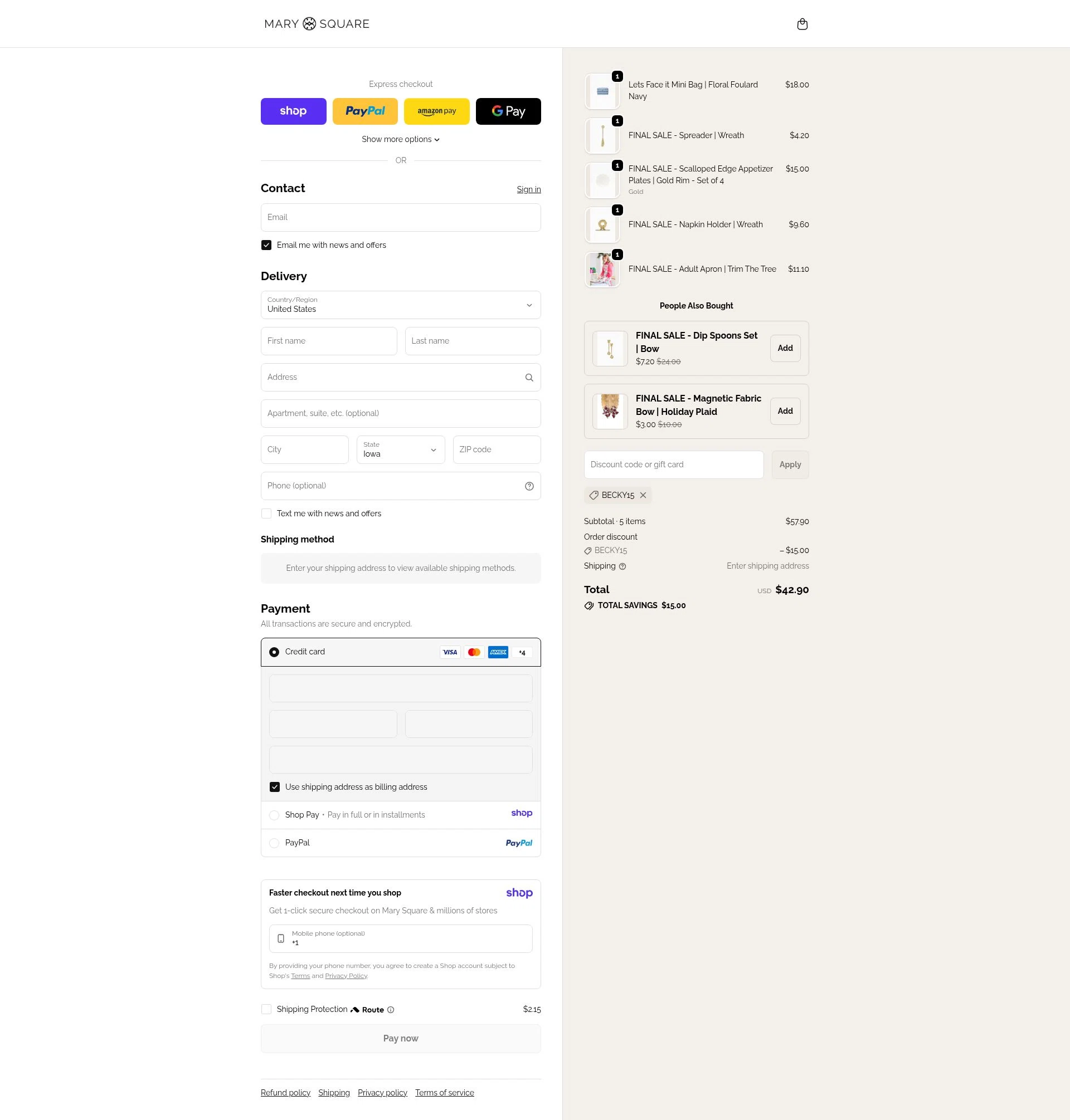 Mary Square checkout page showing Mary Square discount code box | Screenshot taken by SimplyCodes community member on Jan 10, 2026