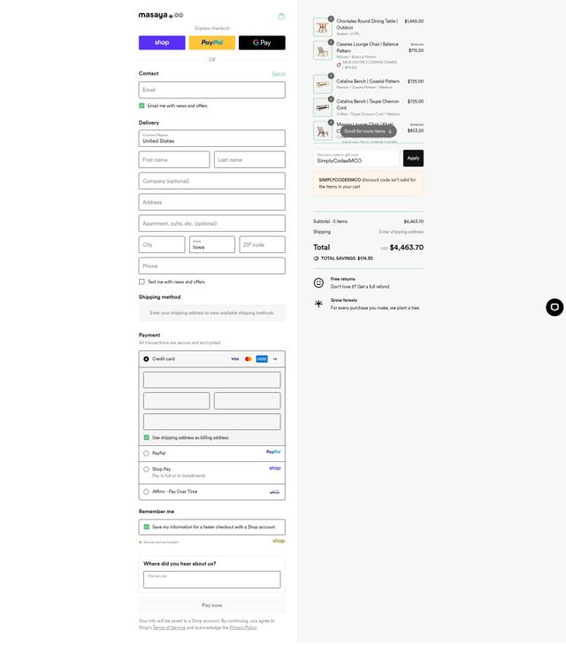MasayaCo checkout page showing MasayaCo promo code box | Screenshot taken by SimplyCodes community member on Sep 12, 2025