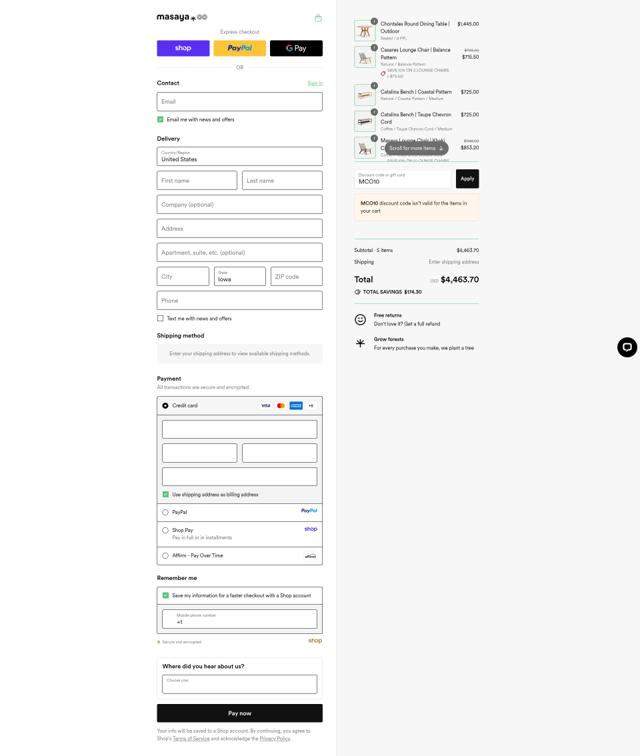 MasayaCo checkout page showing MasayaCo promo code box | Screenshot taken by SimplyCodes community member on Sep 12, 2025