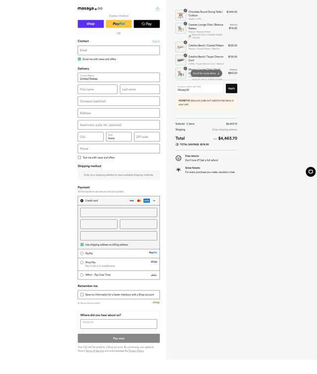 MasayaCo checkout page showing MasayaCo promo code box | Screenshot taken by SimplyCodes community member on Sep 17, 2025