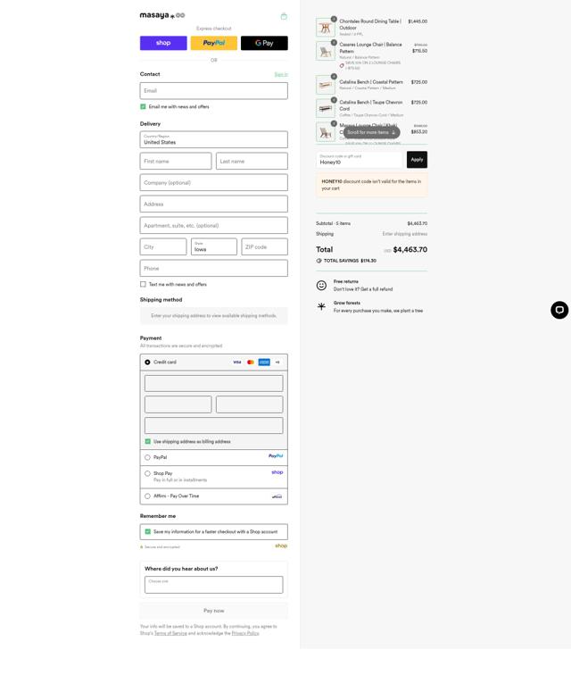 MasayaCo checkout page showing MasayaCo promo code box | Screenshot taken by SimplyCodes community member on Sep 12, 2025