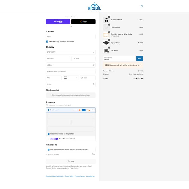 Masjidal checkout page showing Masjidal promo code box | Screenshot taken by SimplyCodes community member on Aug 13, 2025