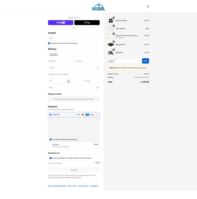 Masjidal checkout page showing Masjidal promo code box | Screenshot taken by SimplyCodes community member on Aug 17, 2025