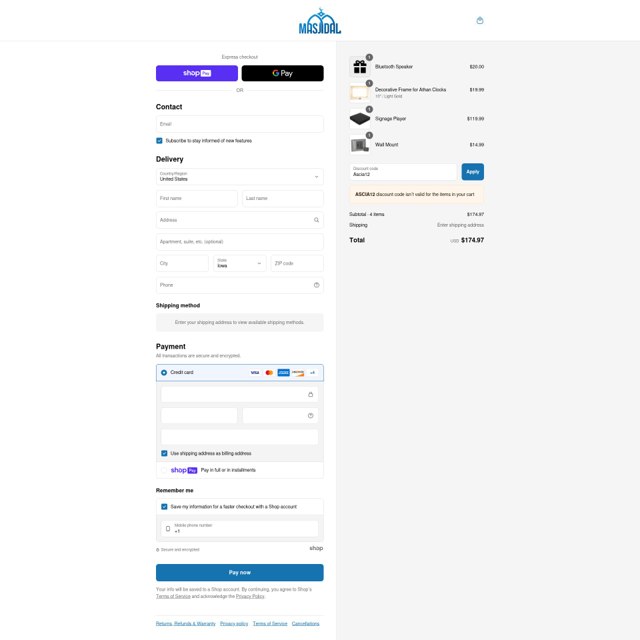 Masjidal checkout page showing Masjidal promo code box | Screenshot taken by SimplyCodes community member on Jul 27, 2025