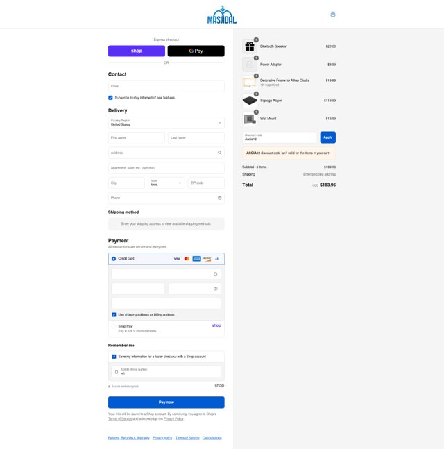 Masjidal checkout page showing Masjidal promo code box | Screenshot taken by SimplyCodes community member on Sep 4, 2025