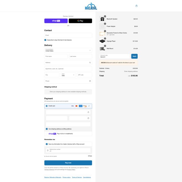 Masjidal checkout page showing Masjidal promo code box | Screenshot taken by SimplyCodes community member on Aug 5, 2025
