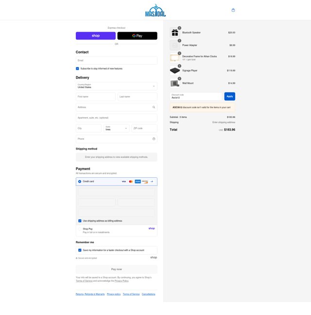 Masjidal checkout page showing Masjidal promo code box | Screenshot taken by SimplyCodes community member on Aug 31, 2025