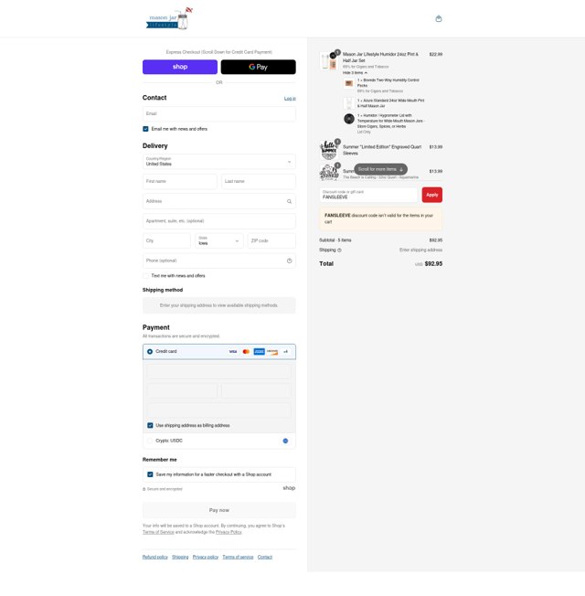 Mason Jar Lifestyle checkout page showing Mason Jar Lifestyle discount code box | Screenshot taken by SimplyCodes community member on Aug 30, 2025