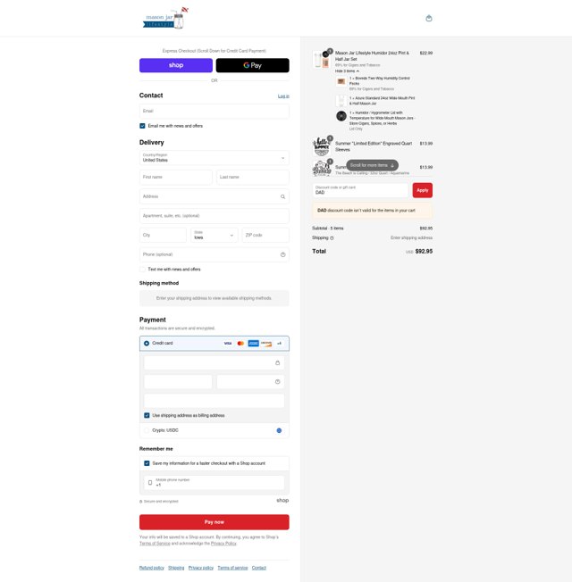 Mason Jar Lifestyle checkout page showing Mason Jar Lifestyle discount code box | Screenshot taken by SimplyCodes community member on Sep 4, 2025
