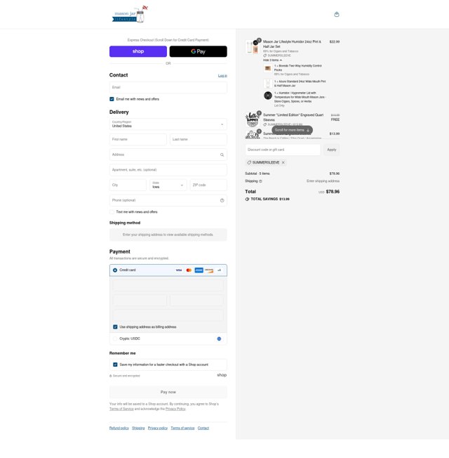 Mason Jar Lifestyle checkout page showing Mason Jar Lifestyle discount code box | Screenshot taken by SimplyCodes community member on Aug 30, 2025