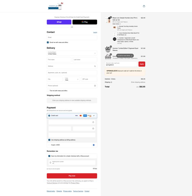 Mason Jar Lifestyle checkout page showing Mason Jar Lifestyle discount code box | Screenshot taken by SimplyCodes community member on Sep 4, 2025