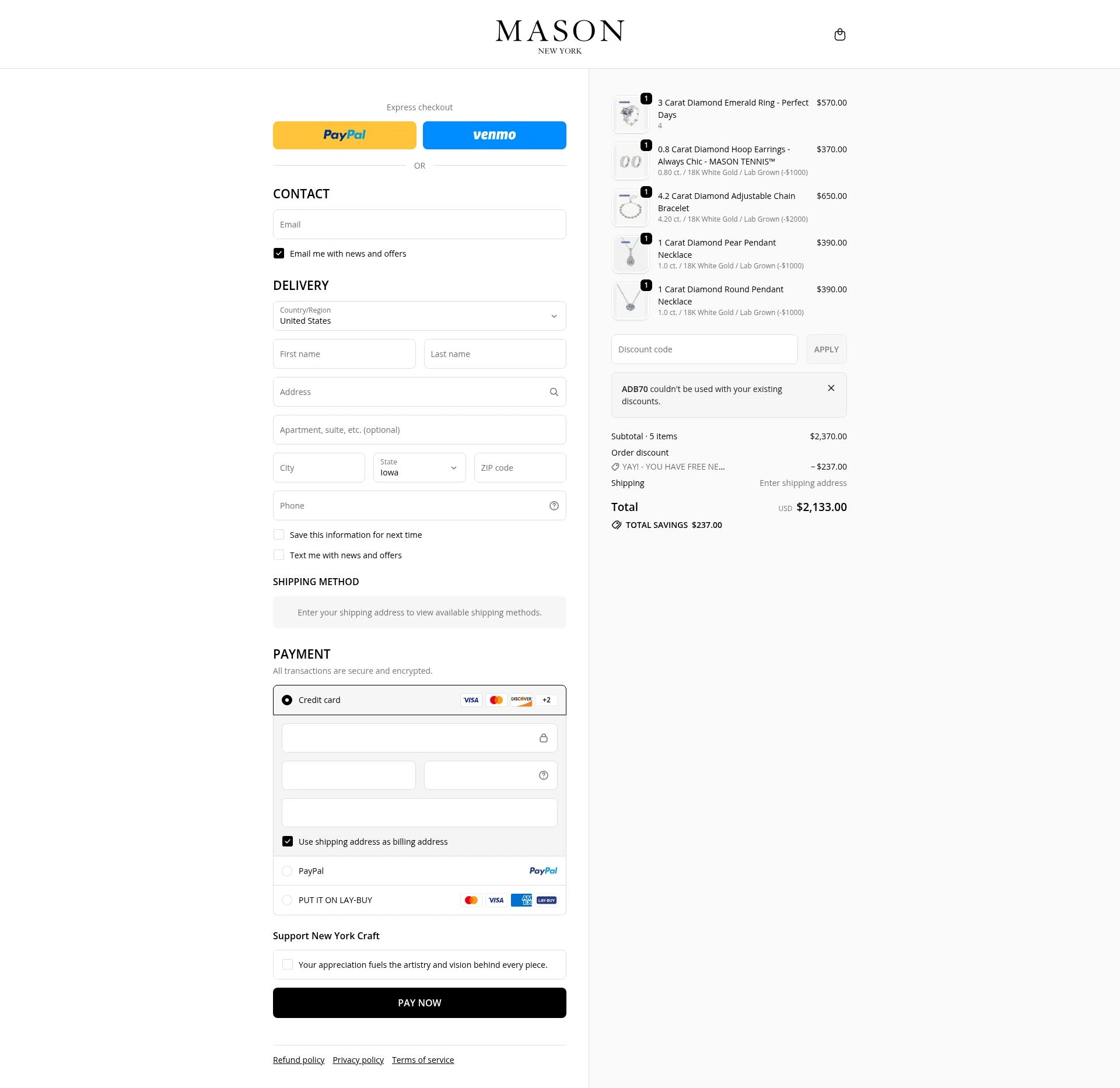 MASON New York checkout page showing MASON New York promo code box | Screenshot taken by SimplyCodes community member on Jan 2, 2026