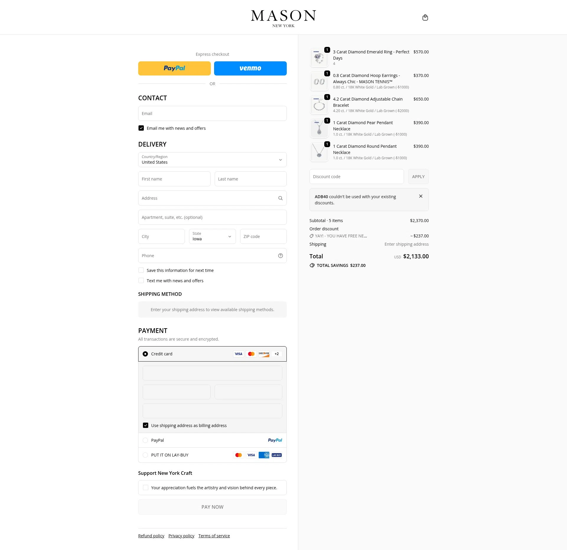 MASON New York checkout page showing MASON New York promo code box | Screenshot taken by SimplyCodes community member on Jan 2, 2026