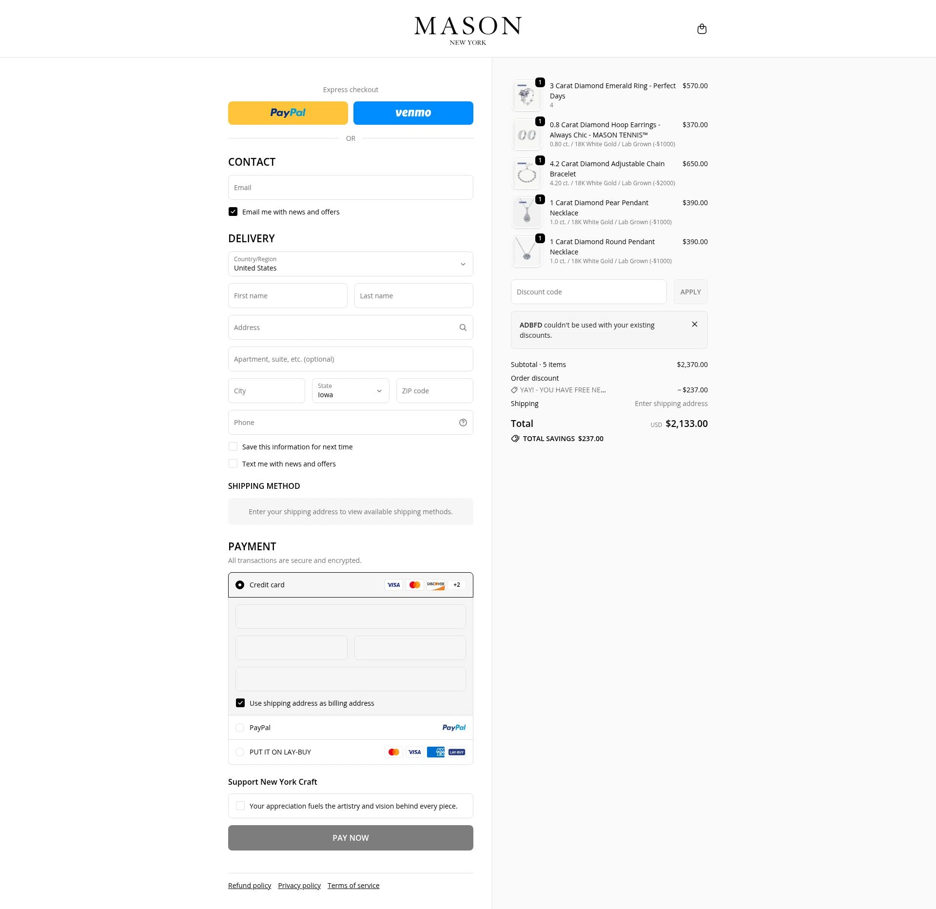 MASON New York checkout page showing MASON New York promo code box | Screenshot taken by SimplyCodes community member on Jan 2, 2026