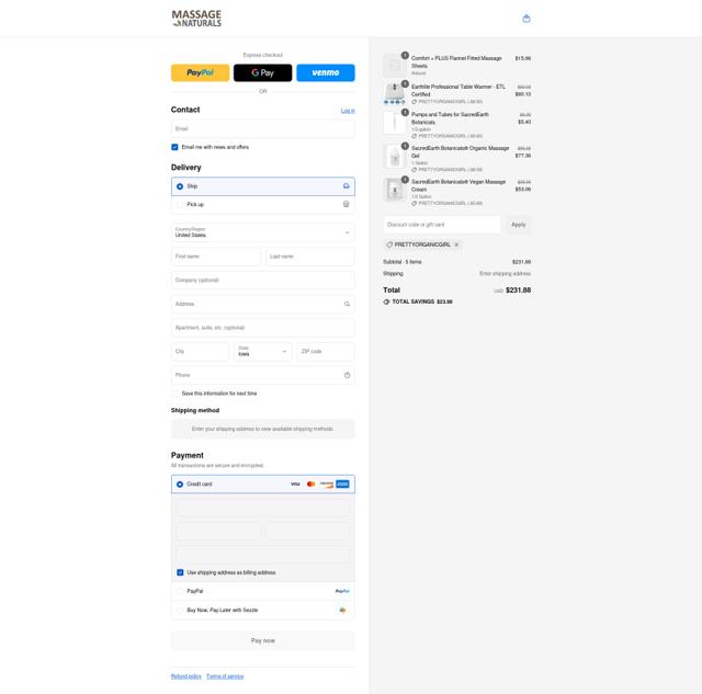 Massage Naturals checkout page showing Massage Naturals promo code box | Screenshot taken by SimplyCodes community member on Sep 2, 2025