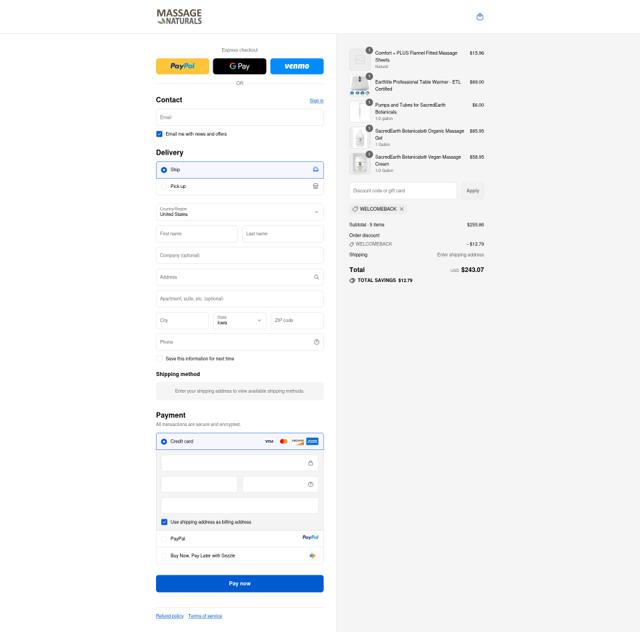Massage Naturals checkout page showing Massage Naturals promo code box | Screenshot taken by SimplyCodes community member on Sep 10, 2025