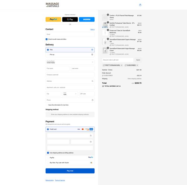 Massage Naturals checkout page showing Massage Naturals promo code box | Screenshot taken by SimplyCodes community member on Sep 10, 2025