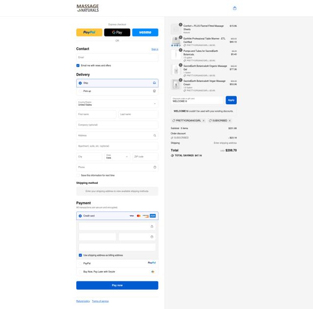 Massage Naturals checkout page showing Massage Naturals promo code box | Screenshot taken by SimplyCodes community member on Sep 10, 2025