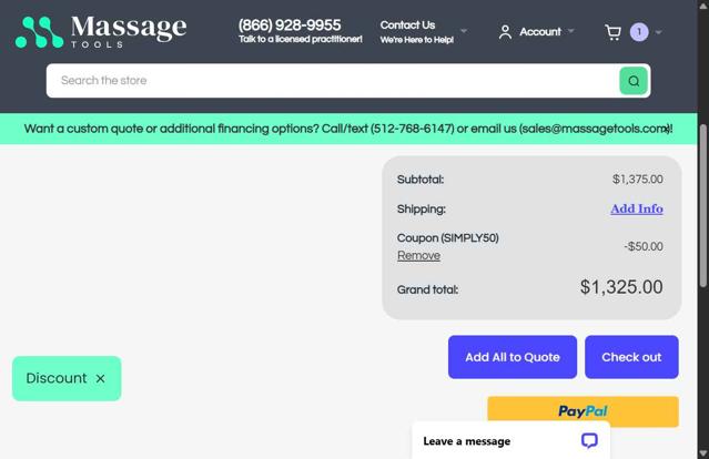 Massage Tools checkout page showing Massage Tools coupon code box | Screenshot taken by SimplyCodes community member on Aug 13, 2025