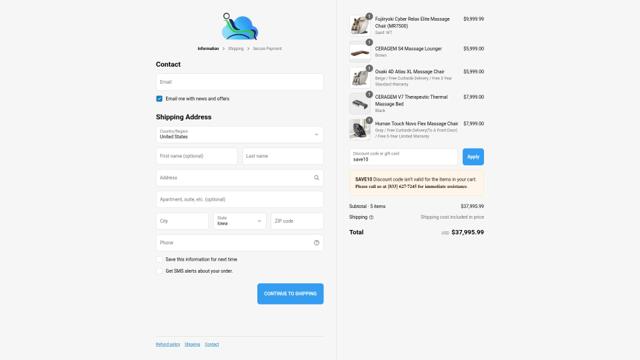 Massage Chair Heaven checkout page showing Massage Chair Heaven promo code box | Screenshot taken by SimplyCodes community member on Aug 3, 2025